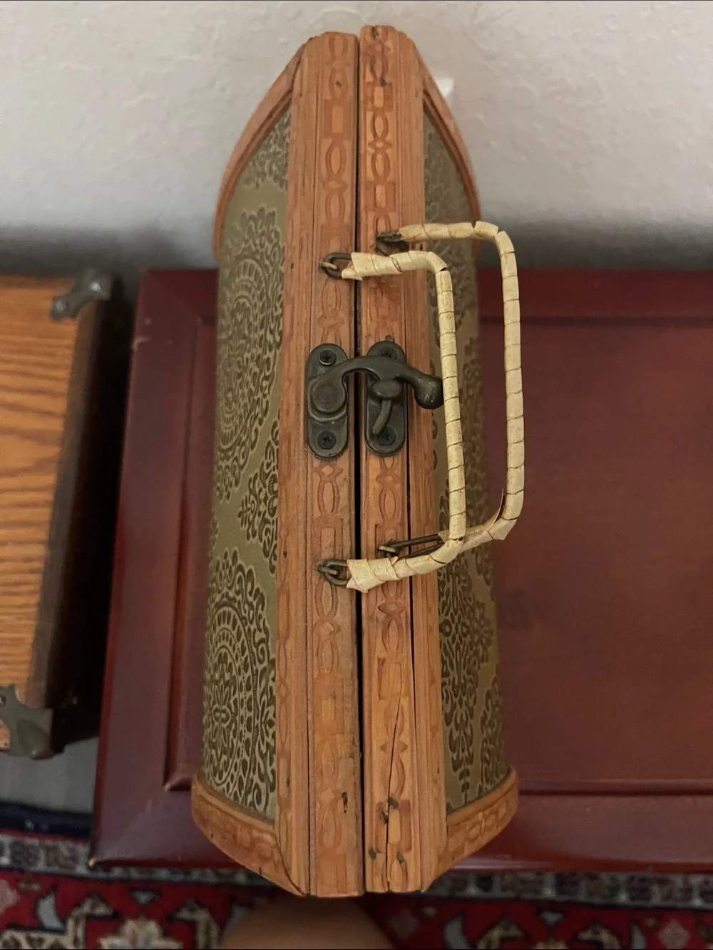 Vintage Wooden Box Purse Mid Century Embossed Leatherette Carved Frame Handbag